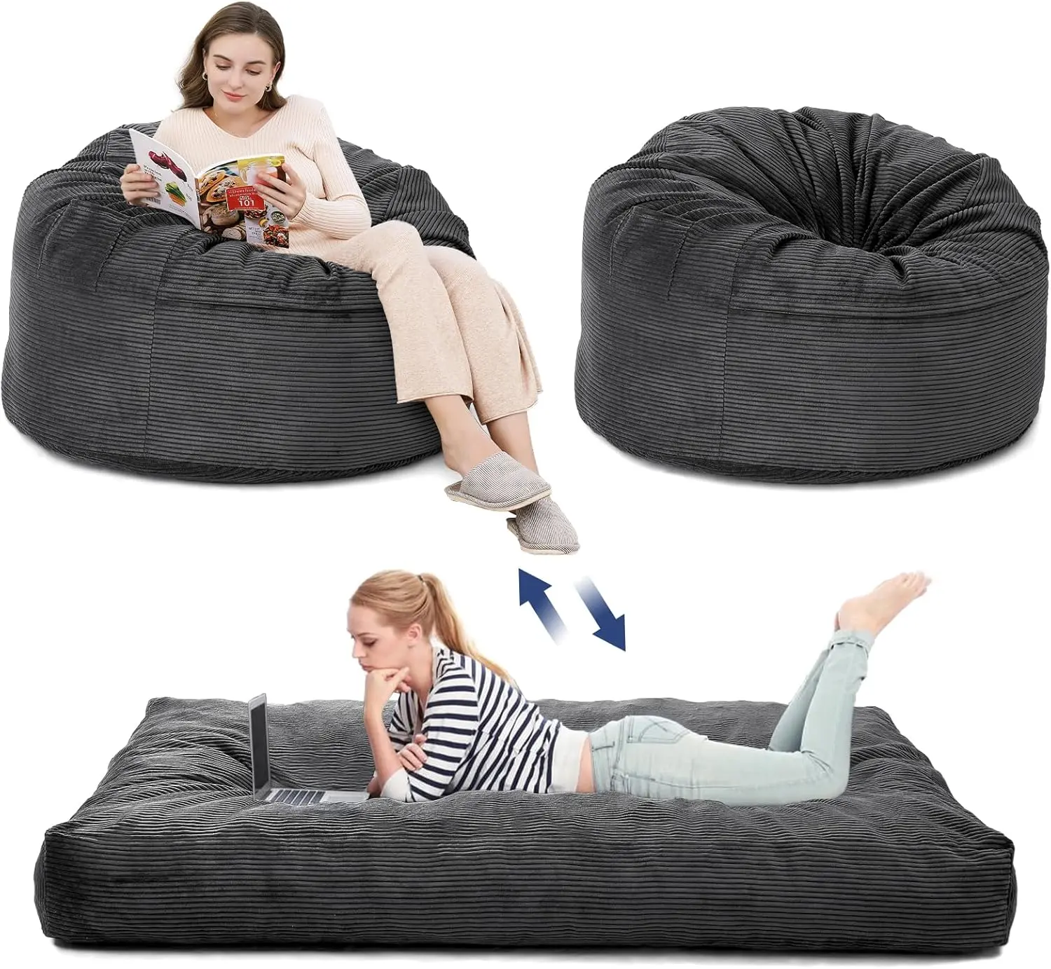 Bean Bag Chair Bed - Giant Convertible Corduroy Beanbag to Mattress - Washable Cover Floor Sofa for Adults - Dark Grey