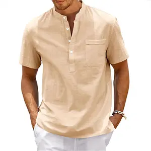 2025 Summer Men's Cotton and Linen Short-sleeved Pullover Shirt Large Size Solid Color Stand-up Collar Home Youth Loose Shirt