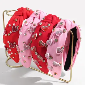 Stylish And Sweet Valentine'S Day Heart-Shaped Headband, Exquisitely Versatile, Featuring Rhinestones, Imitation Pearls, And A Wide Knotted Design