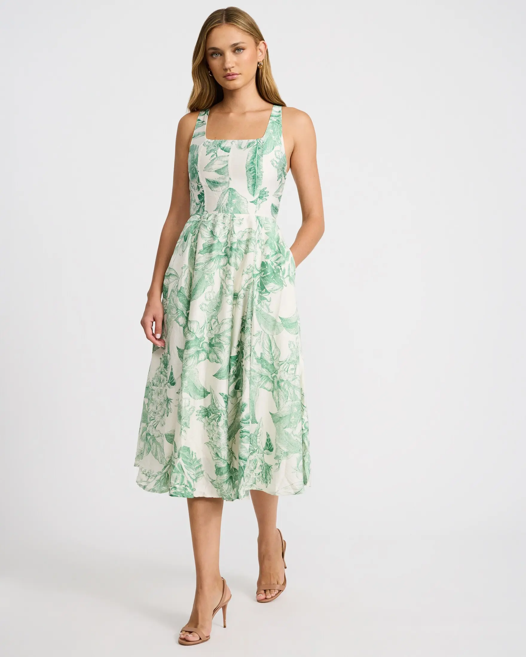 Express Printed Square Neck Smocked Back Midi Dress with Pockets