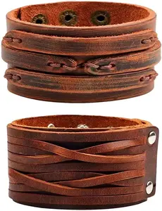 Punk Leather Cuff Bracelet, 2PCS Vintage Leather Wristband for Men Women