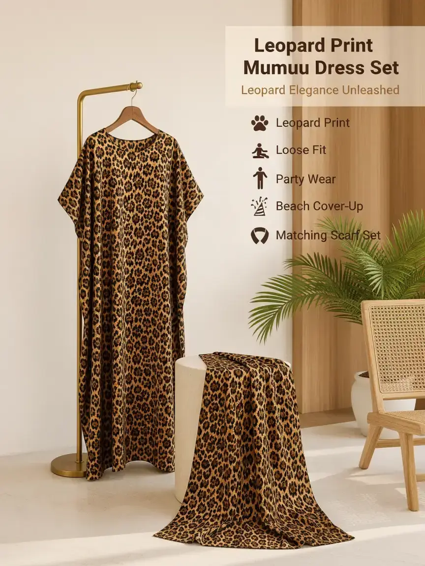 MuuMuu Muse Women's Leopard Print 2-Piece Dress & Scarf Set, Casual Fashion Loose Caftan Robe with Comfortable Fit & Drape, Party Beach Cover-Up, Printed, Women's Clothes, Moo Moo And Scarf Set