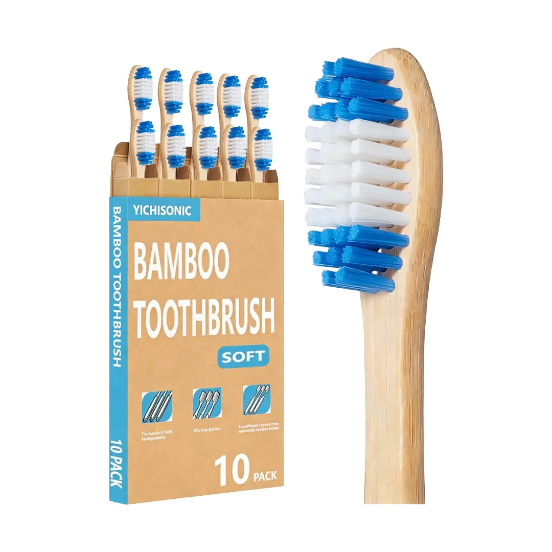 Bamboo Toothbrushes, 2-in-1 Soft & Medium Bristles Scientifically Arranged for Deep Cleaning, BPA-Free Biodegradable, 10-Pack for Adults, Ideal for Home & Travel