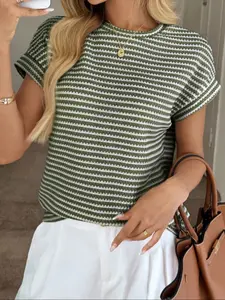 Women's Striped Waffle Knit Round Neck Drop Shoulder Casual T-Shirt, Comfortable and Stylish, Perfect for Everyday Wear