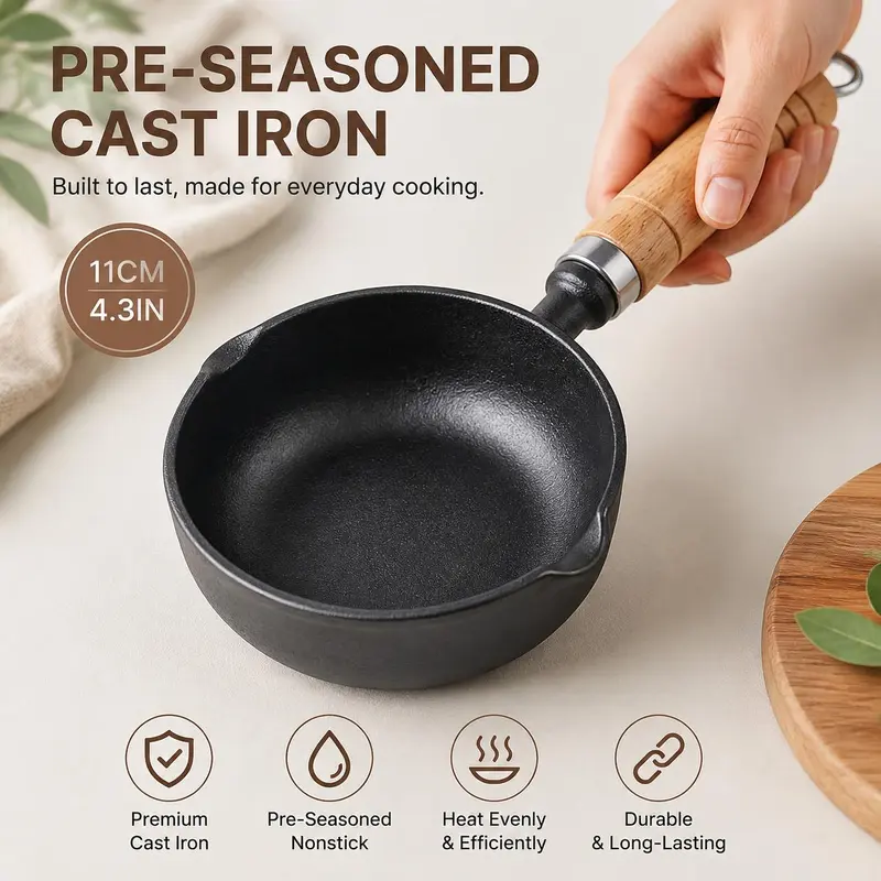 1 Count Pre-Seasoned Cast Iron Small Sauce Pan, 4.3 Inch, with wooden handle, dual pour spouts for searing, sauce making and small portion daily cooking
