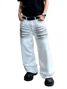 UP.THE  Men's White Wide-Leg Loose Fit Jeans - American Wasteland Dirt-Dyed Whiskers Overalls Style with Pockets | Streetwear Outfit, All- Season Casual Pants (No Belt/Accessories)|Machine Washable for males