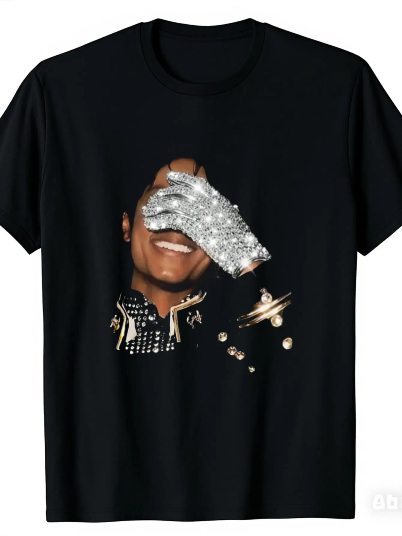 Michael Jackson Sparkly Rhinestone Glove Portrait Crew Neck T-Shirt, Unisex Soft Cotton Black Short Sleeve Tee, Classic King of Pop Retro Music Streetwear Top, Iconic MJ Diamond Glove Graphic Daily Tee, Gift For Pop Music Fans Men Women Teenagers