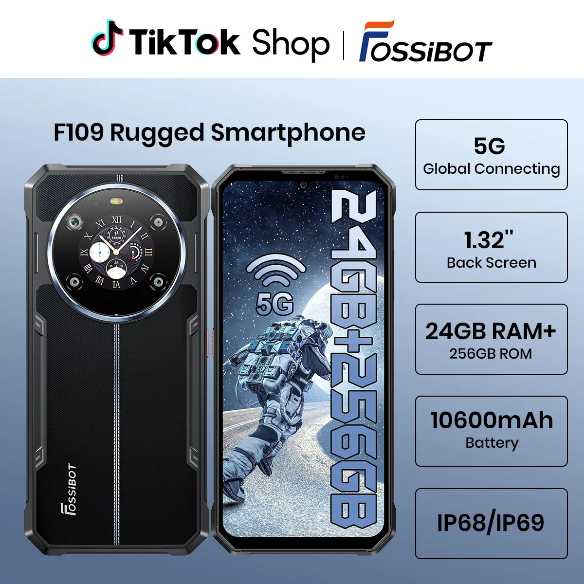 FOSSIBOT F109 Rugged Smartphone Unlocked (2026), 4G/5G Cellphone, 24GB+256GB/2TB, MTK Dimensity 6300 Chipset, 6.75'' FHD+ Touch Screen +1.32'' Dual Screen Mobile Phones, 10600mAh Battery, Android 14, 50MP AI Camera, Dual SIM, T-Mobile Compatible