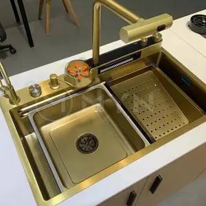 Modern 29.5 Inch Gold Integrated Waterfall Kitchen Sink with Honeycomb Technology Large Digital Display Stainless Steel Water Filter Cup Washer