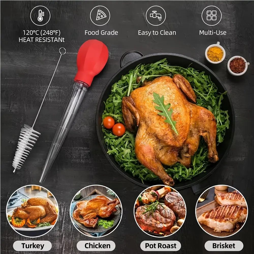 Turkey Silicone Baster Syringe, BBQ Tool with Flavor Injection Needle and Cleaning Brush, Liquid Dropper for Cooking & Grilling, Barbecue Utensils, Barbecue Accessories, Grilling Tools