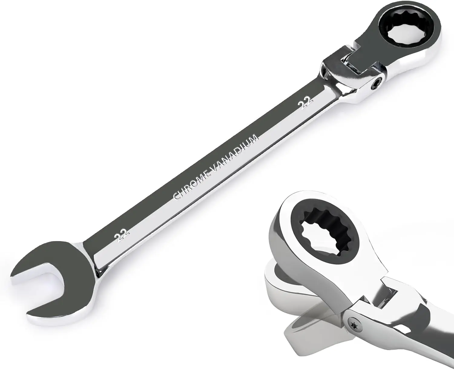 22mm Ratchet Wrench Flex , Ratcheting Combination Wrench Metric, Industrial Grade Gear Spanner with 12 Point Box End, 72- Ratchet, Chrome Vanadium Steel