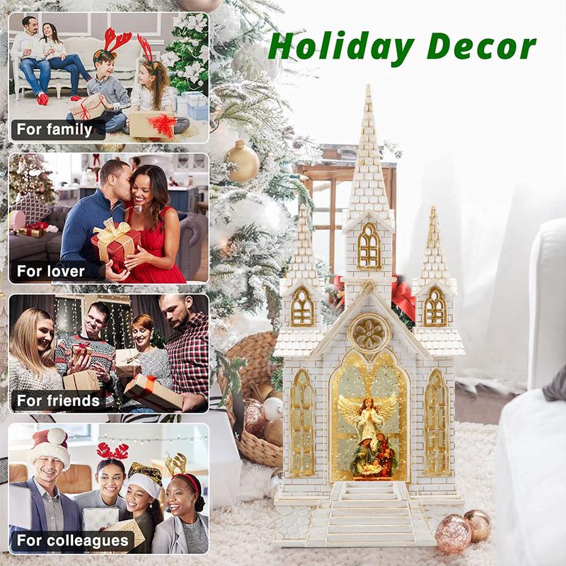 16Inch Lighted Religious Snow Globe Nativity Church with 6H Timer Music, Multicolored Resin, Classic Style, Christmas Home Decor Gift