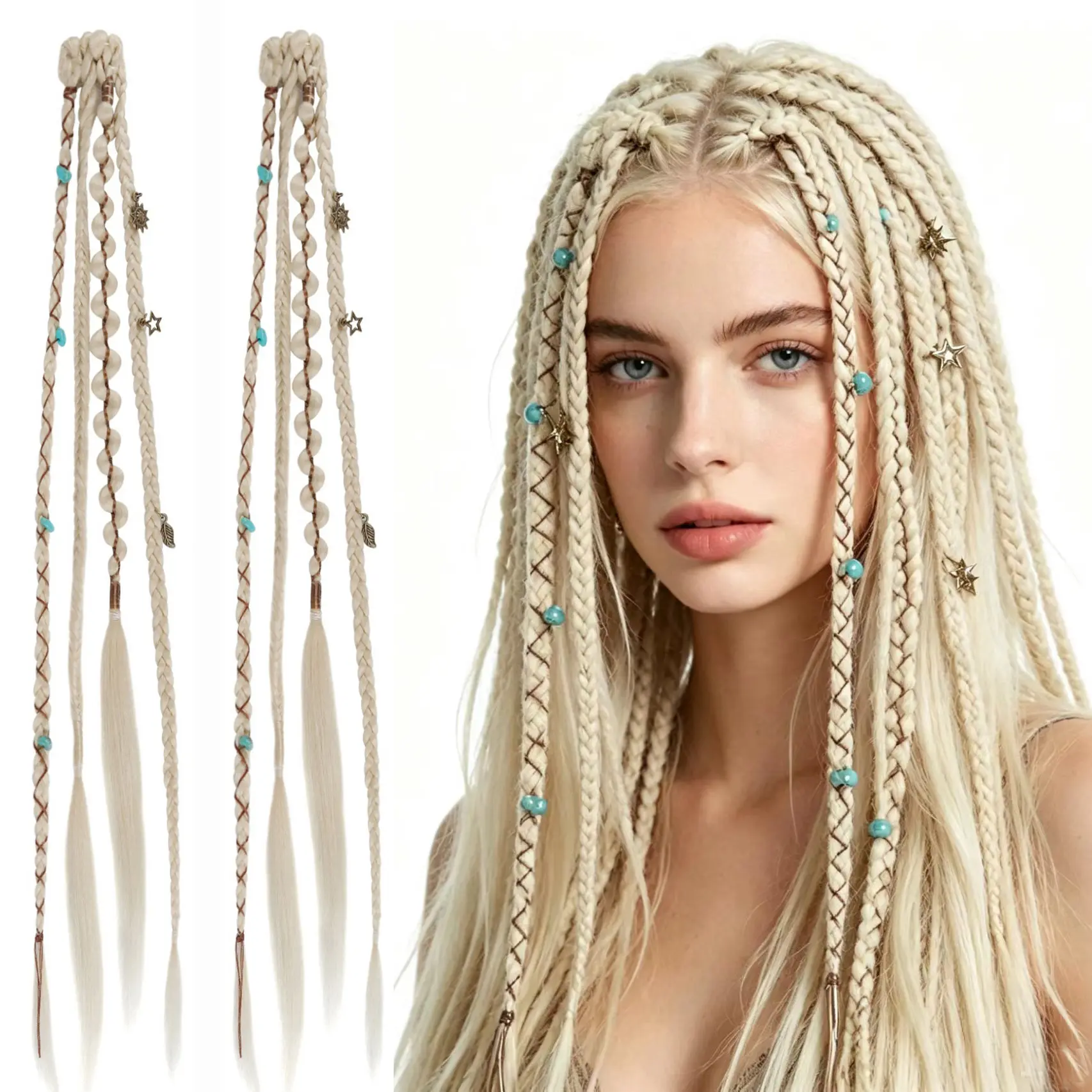 Clip In Boxer Braids Hair Extensions, Boho Hippie Twisted Dreadlock Hair Pieces, Decorative Star Turquoise Charm Braided Ponytail, Easy Install BB Clip Hair Braids, Festival Rave Bohemian Hair Styling Accessory For Women Girls