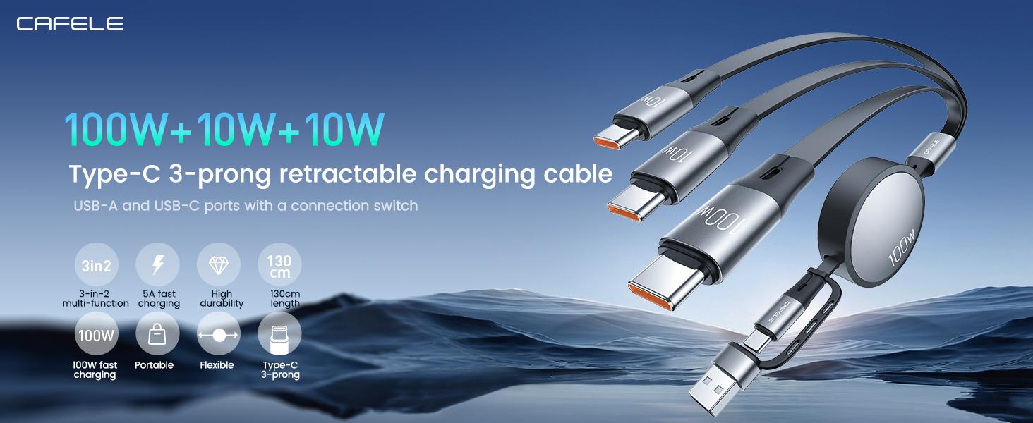 Retractable Charging Cable, W USB C Fast Charger Cable  in  with [cm] Adjustable Length, MultiPort Cord for Laptop, Phone, Car, Travel  PD./QC. (Grey)