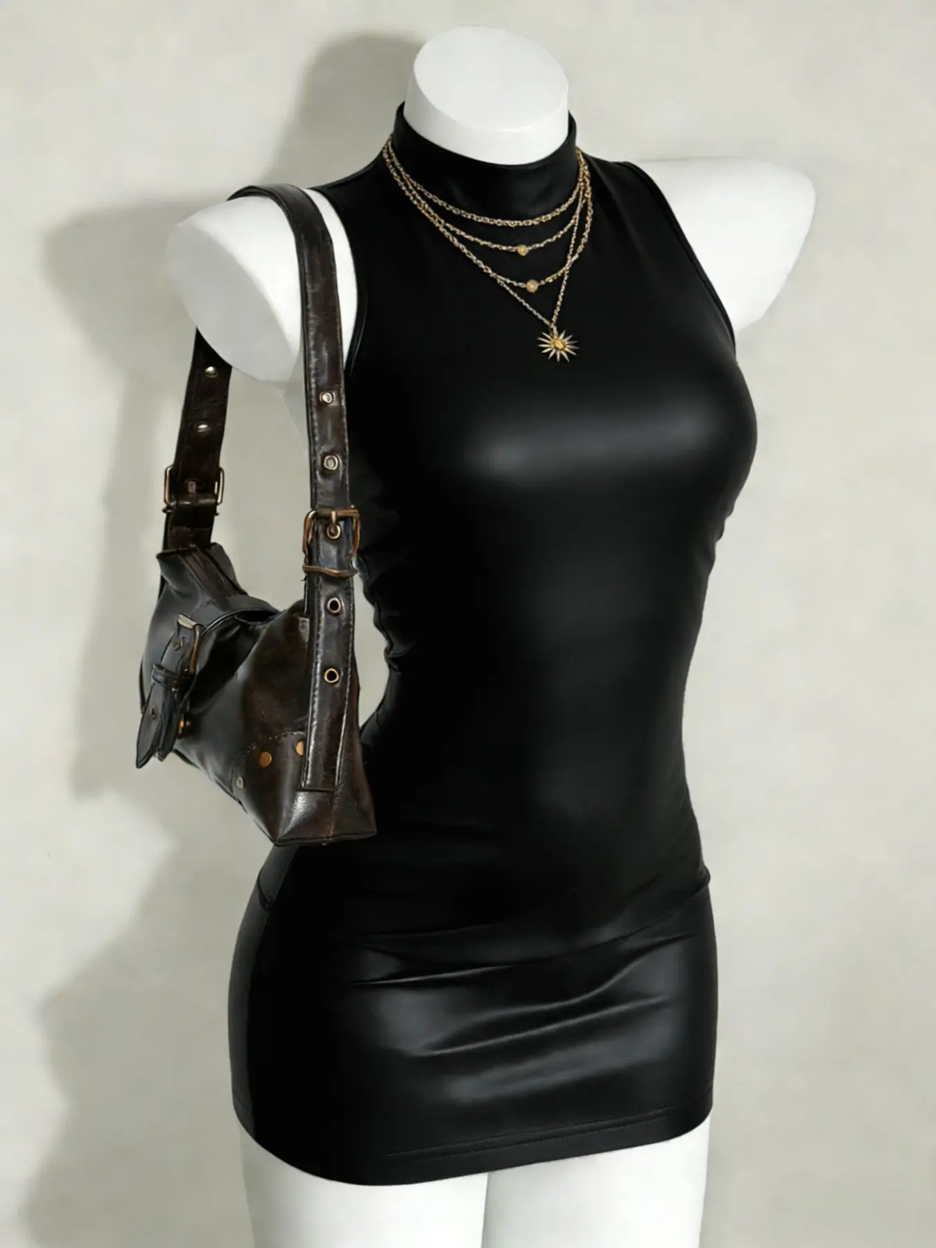 Women's Solid Color PU Material Tight-Fitting Dress, Sleeveless High Neck Bodycon Skirt, Stylish and Comfortable Casual Wear Fashion Wear, Casual Everyday Dress