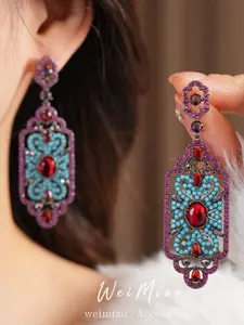 Silver Color Zirconia Rectangular Hollow Earrings, Luxurious High-End Ear Studs, Vintage Style Jewelry for Women