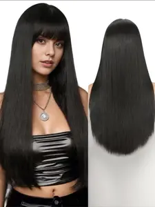 28 Inch Straight Korean Synthetic Wig, Long Natural Straight Bangs Wig, Women's Daily Wear and Cosplay, Hair Curl Style