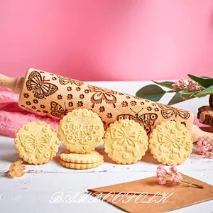 Butterfly Embossed Wooden Rolling Pin 35cm Flower Long Rolling Pin for Baking Biscuits 3D Pattern DIY Kitchen Tool Baking Accessories Homemade Bakery Pastry Cookie Fondant Dough Pizza