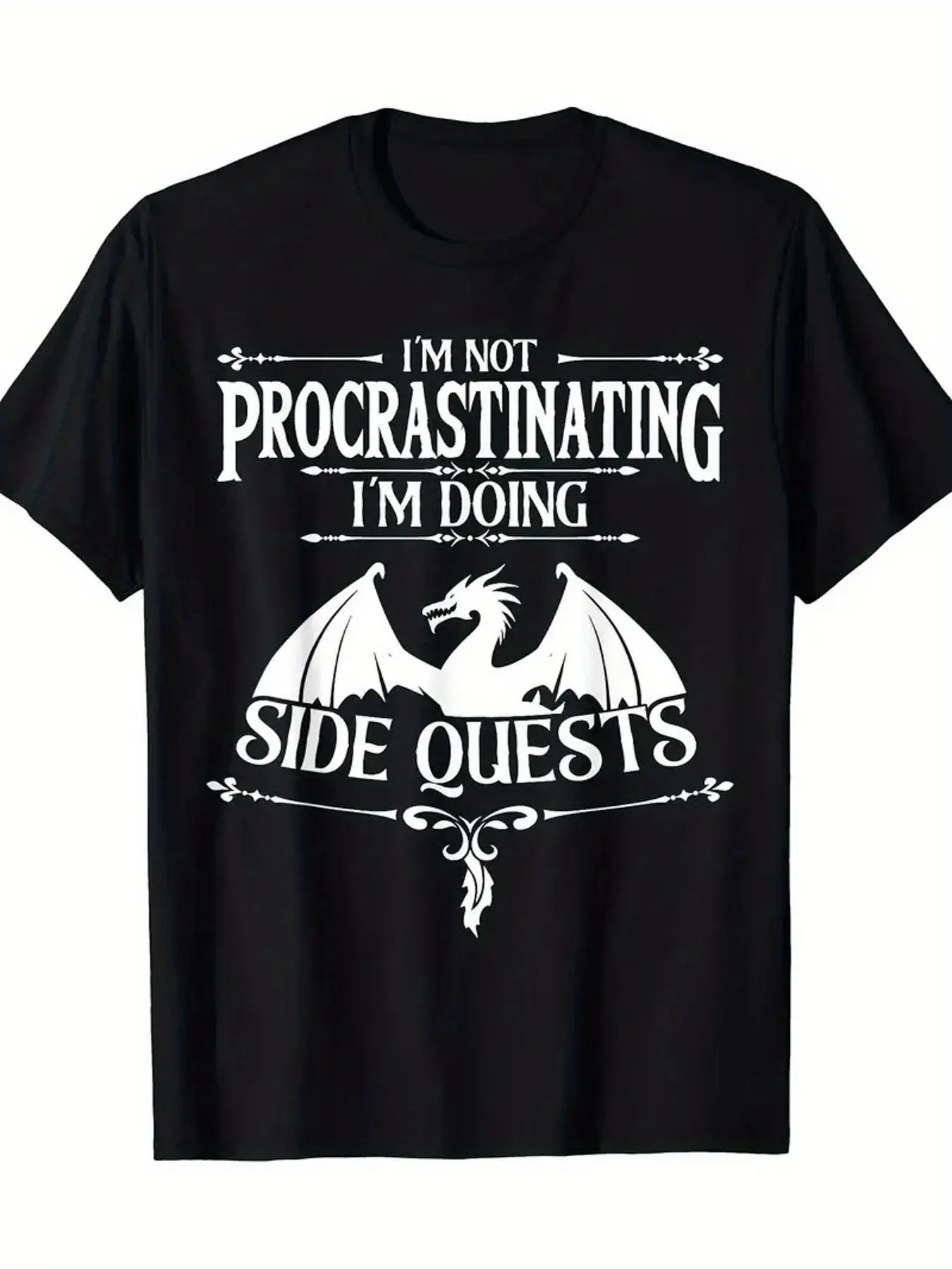 1 pcs 100% Cotton I'm not a procrastinator I'm just playing side quests in an RPG gameMonogram Printed T-Shirt Seasonal Casual Trendy Men's T-Shirt Crew Neck High Street Cotton Short Sleeve T-Shirt Fashionable Boutique T-Shirt