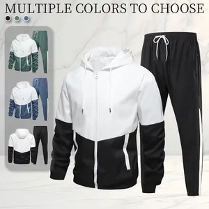 Color blocked hooded men's sports suit, fashionable casual style clothing, hooded design is very fashionable, suitable for daily outings and sports exercises, comfortable and fashionableRAIMENTRY