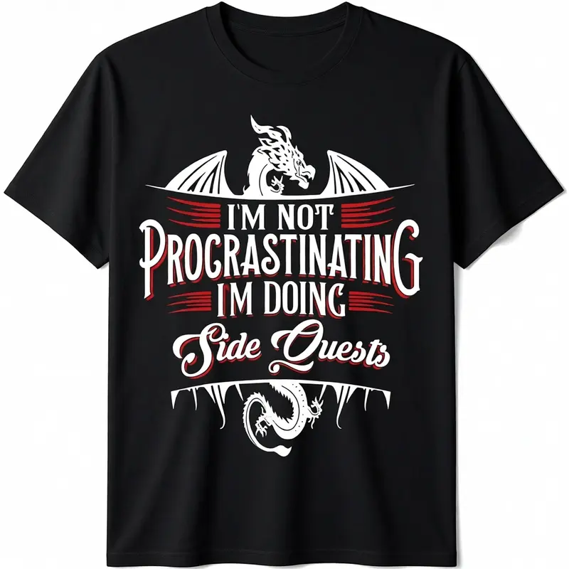 Men's Cotton Round Neck Shortsleeve Tshirt - Chic RPG Gamer Dragons "Not Procrastinating Side Quests" Casual Streetwear Menswear Top