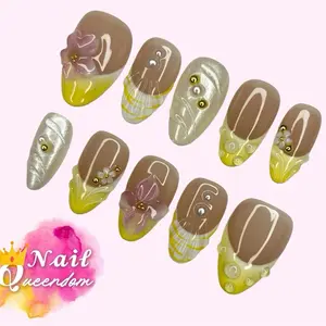 Nail Queendom [LEMONADE DROPS] Handcrafted 3D Press-On Nails Reusable Long Lasting Salon Quality Easy Application 10 Pieces Set Eco-Friendly 3D-gel Finish