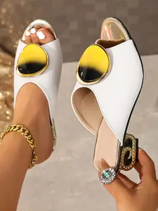 Elegant Metal Decorated Chunky Heel Sandals for Women, Chic Office High Heeled Slippers, Stylish Comfortable Footwear for Daily Wear