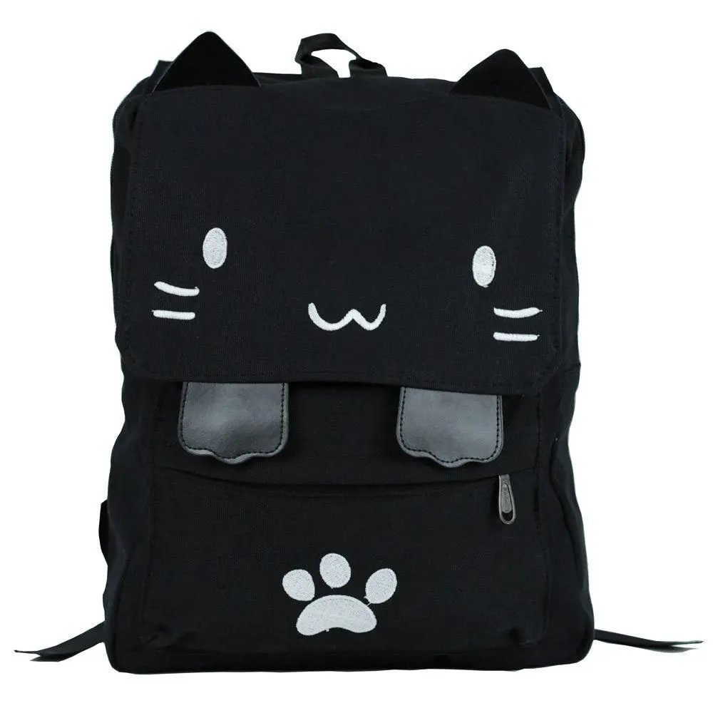 Black College Cute Cat Embroidery Canvas School Backpack Bags for Women and Kids Kitty(White)