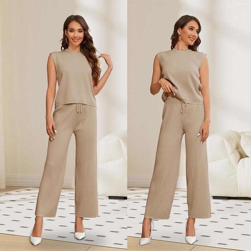 Molitree Women's 2 Piece Outfits Sweater Sets Knit Sleeveless Pullover Tops High Waist Pants Lounge Sets Tracksuits
