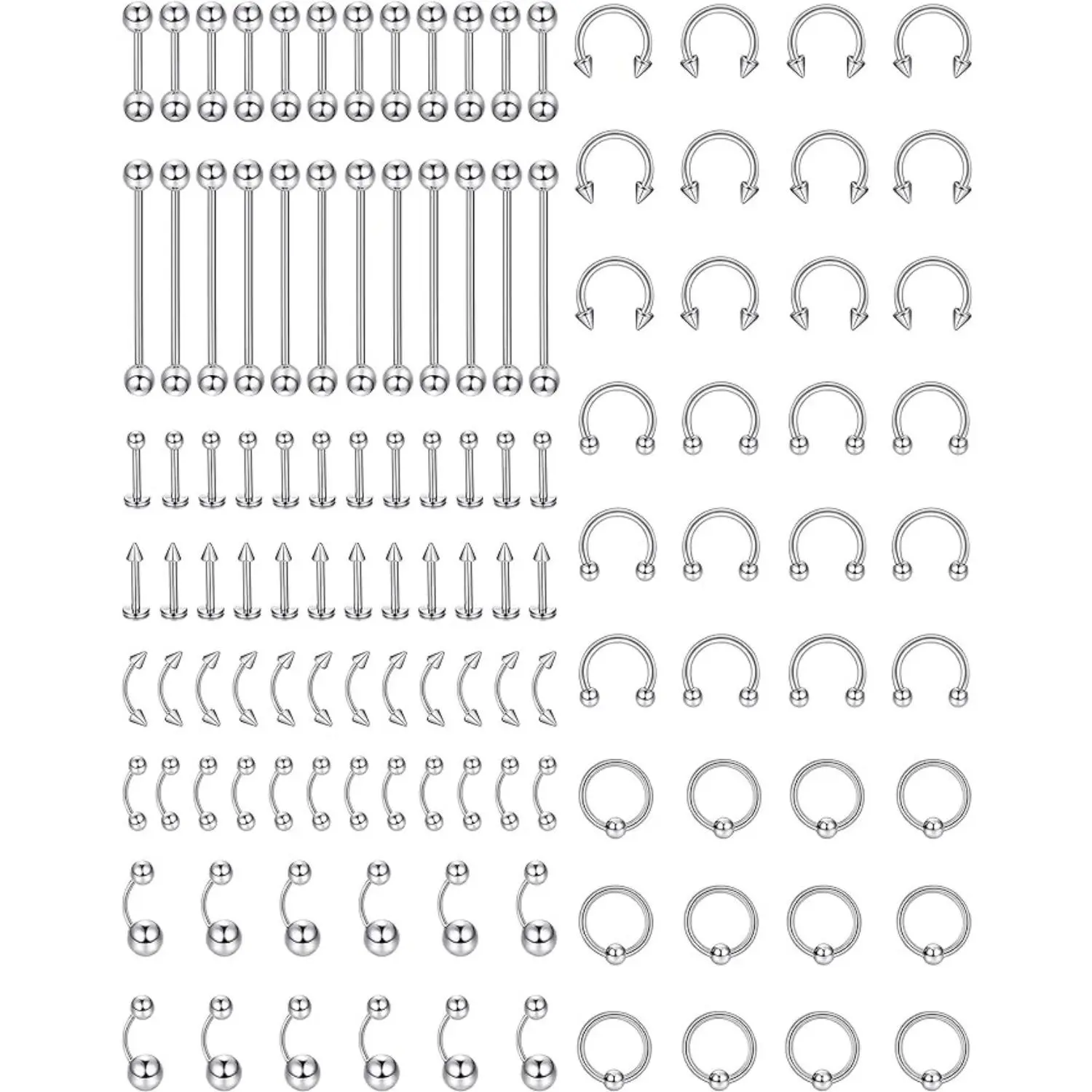 MILACOLATO 120Pcs Stainless Steel Body Jewelry Piercing Lot Nose Horseshoe Lip Tongue Eyebrow Tragus Body Piercing Navel Belly Ring Barbells 14G-16G Daily Labret