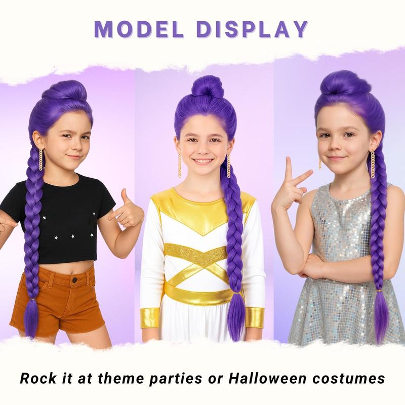 Anime K-pop Costume Kids 39" Wig Rumi Wig Demon Cosplay Wig Hunter Purple Braid Wigs Rumi Costume Zoey Wig Mira Wig for Kids Women Pop Singer Hair Halloween Cosplay Props