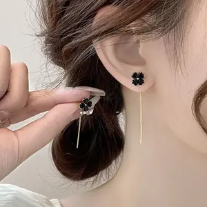 LisiZen Black Floral Long Tassel Threader Earrings for Women, Elegant Minimalist Design, Chic Modern Jewelry DZEH4679