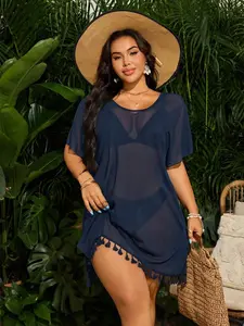 ONYX x Swim Vcay Plus Size Women Solid Color Mesh Tassel Hem Cover Up Dress For Vacation