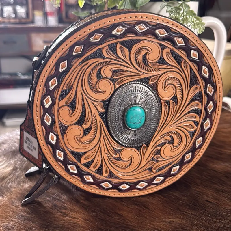 Concho Tooled Leather Canteen Handbag, Stylish Drinkware Accessory for On-the-Go Hydration