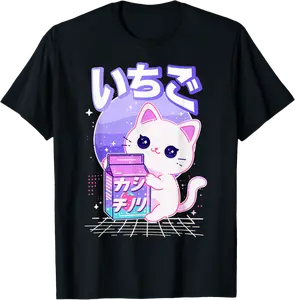 Cat Strawberry Milk Anime 90s Japanese Cat Japan T-Shirt - Alyxwheat Shop 77B0DP3P2GZ6