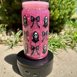 Pink Glitter 16oz Halloween Tumbler – Sparkly Spooky Cup with Straw
