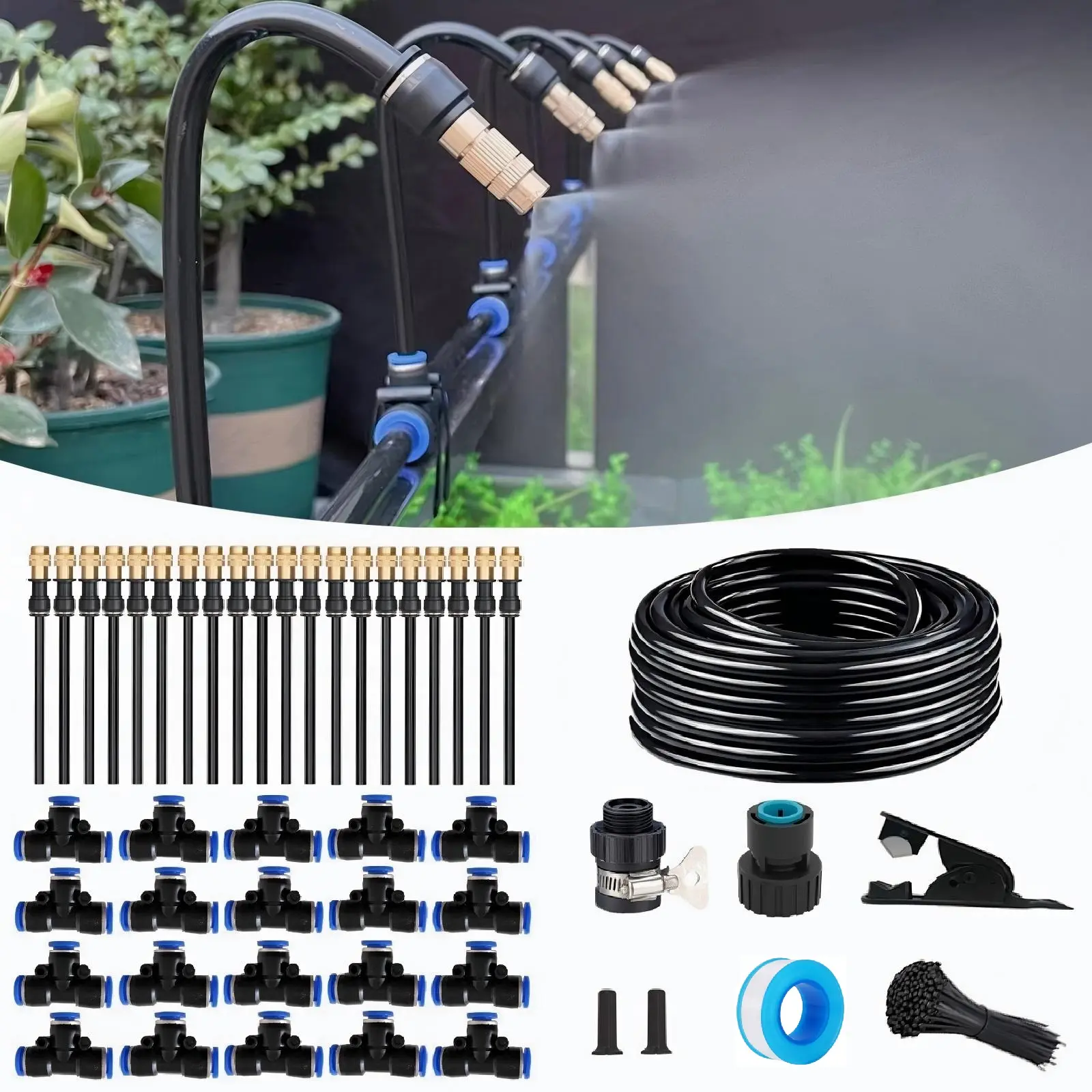 20 Pcs Bendable Drip Irrigation Kit with Adjustable Automatic Plant Watering System, Replaceable 360-Degree Bending Dropper, Atomizing Copper Spray Nozzles, Dual Spray Sprinklers & Tee Connectors for Garden Lawn