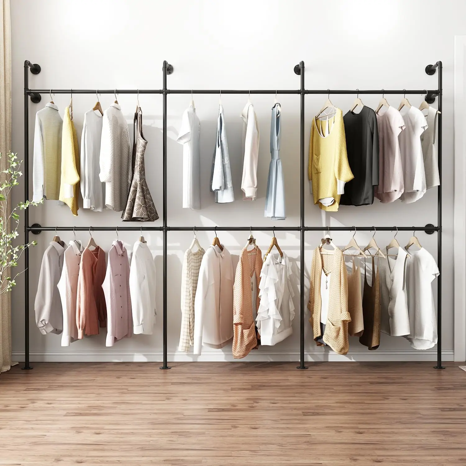Industrial Pipe Garment Racks, Heavy Duty Metal Clothes Rack with Double Rods for Hanging Clothes, Wall Mount Space-Saving Garment Display Rack coat hanger heavy duty Laundry Installation Room Pastel Hangable