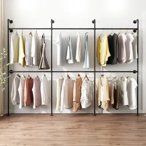 Industrial Pipe Garment Racks, Heavy Duty Metal Clothes Rack with Double Rods for Hanging Clothes, Wall Mount Space-Saving Garment Display Rack coat hanger heavy duty Laundry Installation Room Pastel Hangable