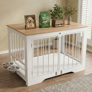 Heavy Duty Dog Crate Furniture with Swivel Feeder Stand, Wooden Pet Kennel & Elegant End Table, Sturdy Indoor Dog House, 200 LBS Load