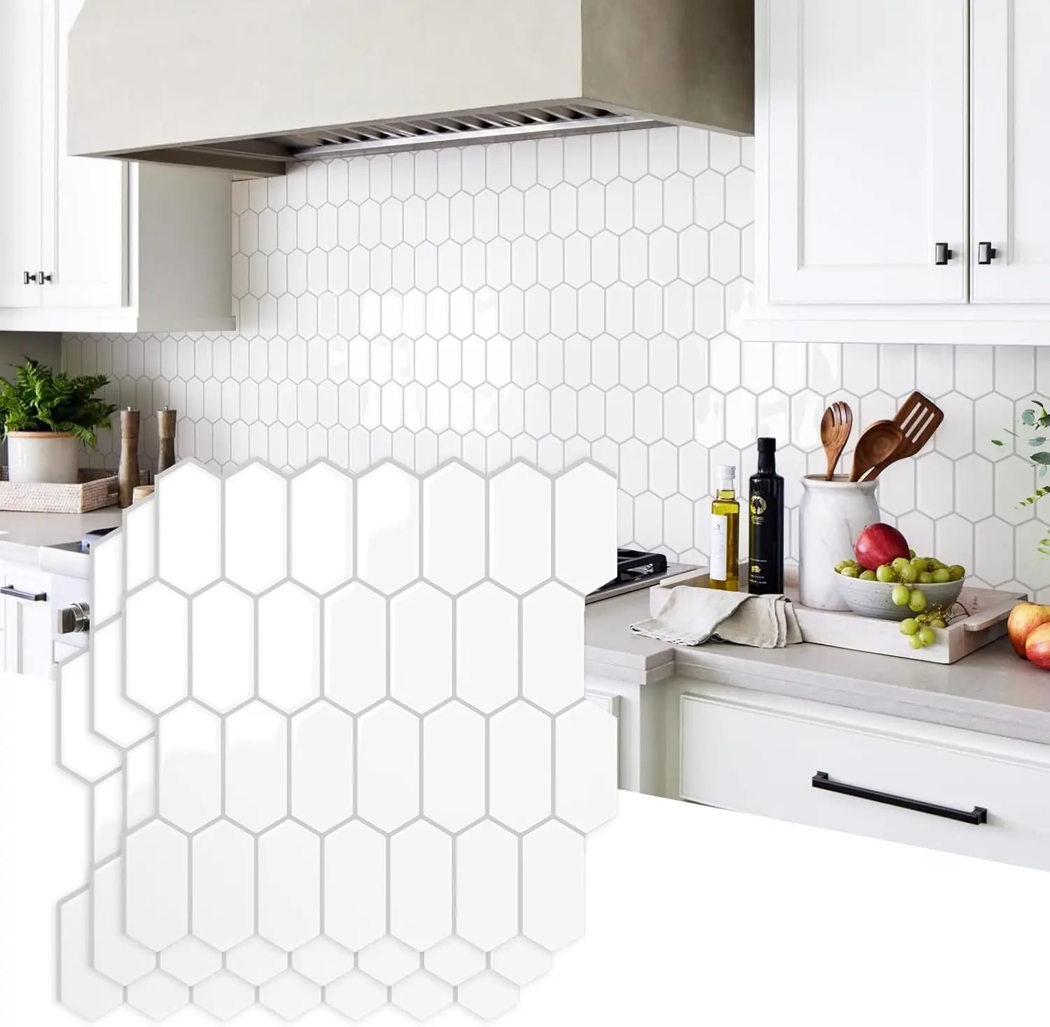 Vamos Tile 10-Sheets Thicker Design Long Hexagon Peel and Stick Backsplash Tile Pure White with Gray Grout Self Adhesive Wall Tiles Stick On Backsplash for Kitchen Bathroom RV Fireplace