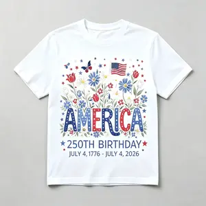 Floral America 250th Birthday July 4 1776 July 4 2026 Print T Shirt White Casual Loose Fit Top For Everyday Wear And Outdoor Activities