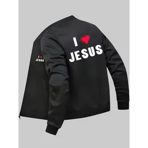 Men's I Love Jesus Print Bomber Jacket, Casual Jacket With Pockets