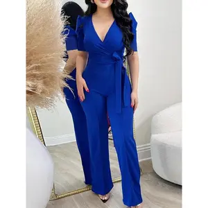 Women’s solid-color wrap jumpsuit with puffed sleeves, elegant deep V-neck straight-leg jumpsuit, women’s summer workwear, office wear GARMENTARY