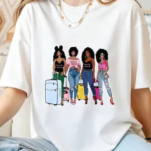 DREAMCID & BEA WRIAH TikTok Viral Curly Hair Girl Squad Graphic Tee Soft Black or White Women's T-Shirt with Colorful Suitcases Design Streetwear Top - Womenswear, Tshirt Crewneck Casual Summer Tshirt Womenswear