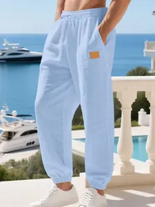 Men's Linen Casual Sports Jogger Pants, Drawstring Waist, Loose Fit, Breathable Comfort, Spring & Fall Fashion, Beach Vacation Style