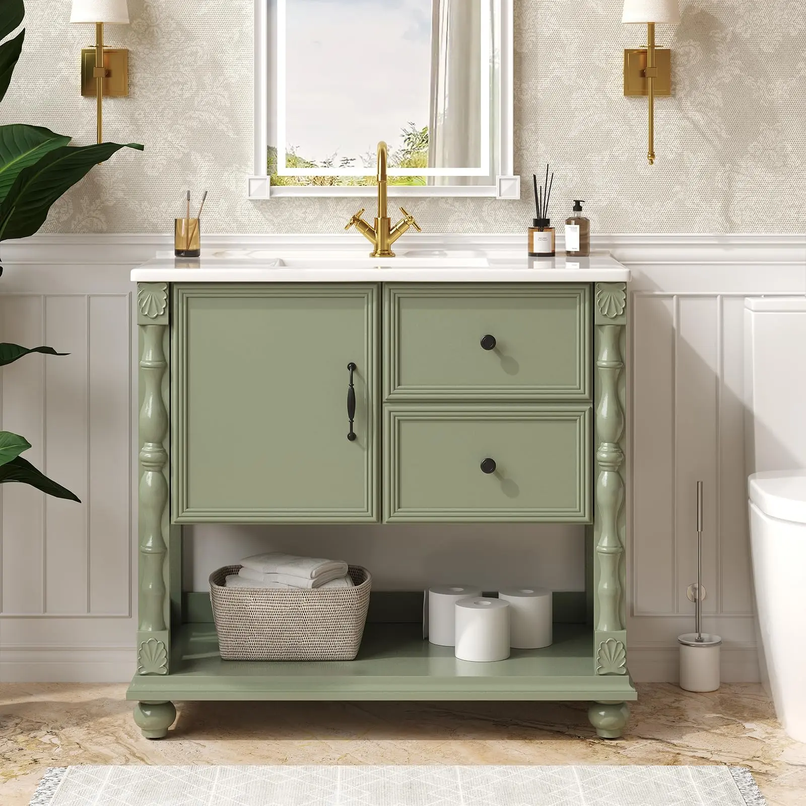 【SummerFinds】ONBRILL 36" Freestanding Bathroom Vanity with Sink Combo, Modern Wood-Finished Drawers Floor Cabinet, Multi-Shelf Floor Cabinet with Open Storage, 4 Solid Legs, Ceramic Sink, Drawers Floor Cabinets, Multi-Shelf Floor Cabinets