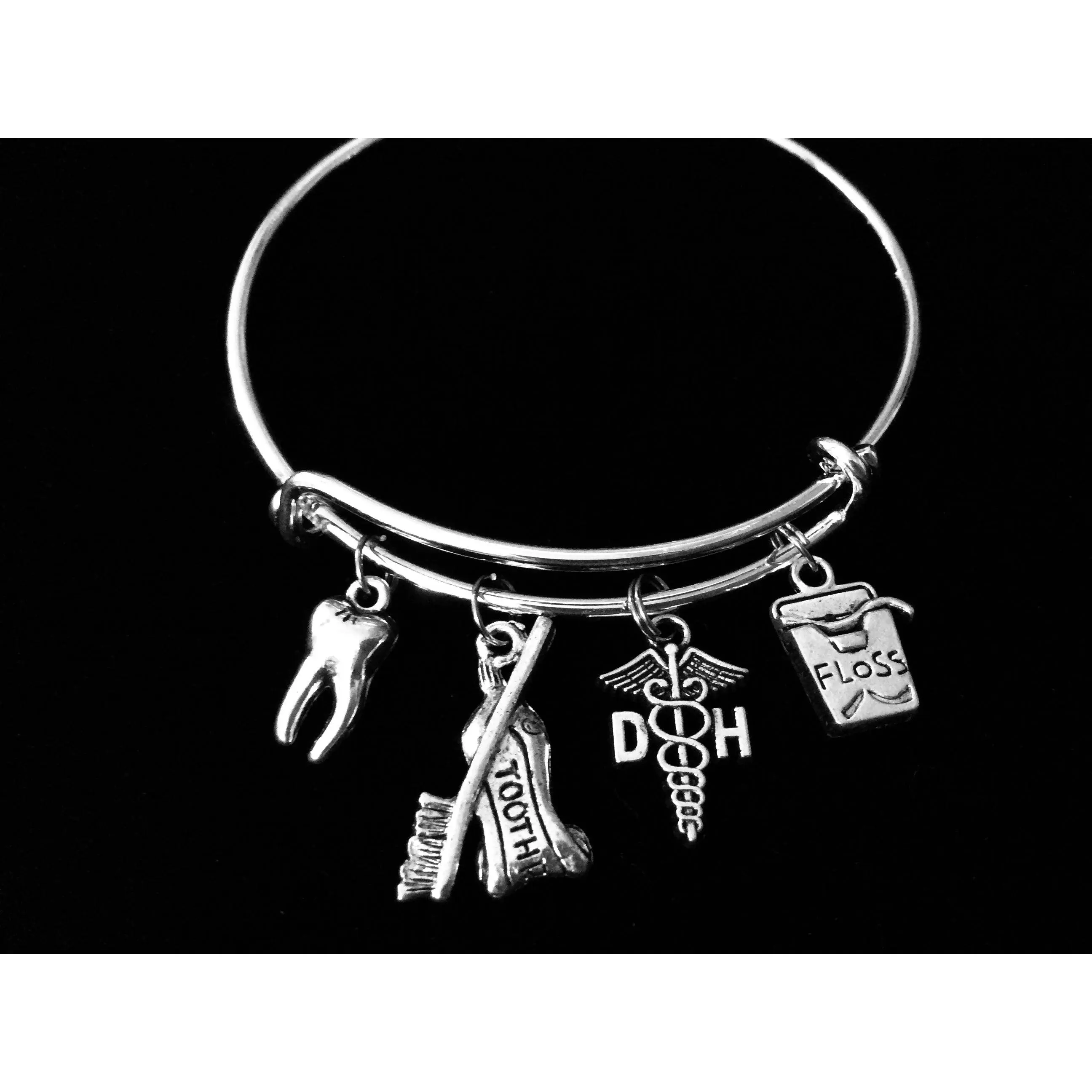 Dental Hygienist Charm Bracelet – Silver Expandable Bangle with Tooth, Toothbrush, Floss & Caduceus Charms – Dentist Jewelry Gift