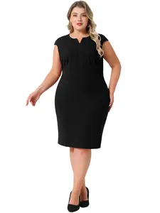 Agnes Orinda Women's Plus Size Sheath Dress Notched Neck Sleeveless Work Pencil Work Dresses Black