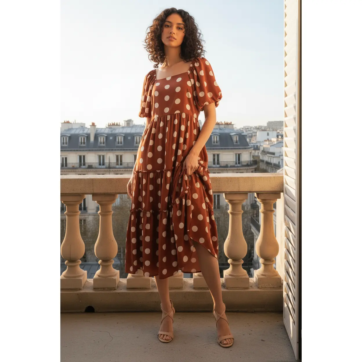 Jodifl Square Neck Tiered Polka Dot Midi Dress, Print, Shortsleeve, Fabric, One Piece